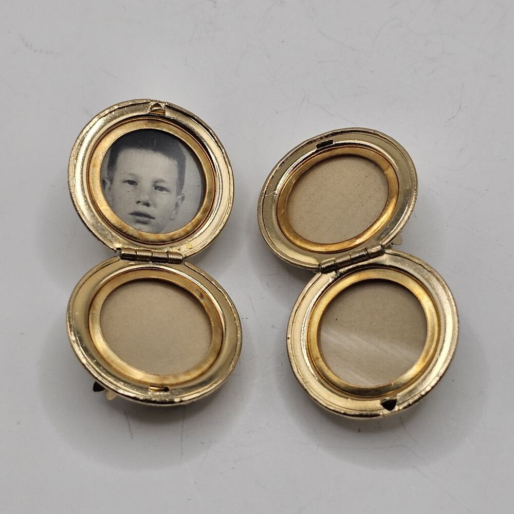 Vintage Kramer Rhinestone Faux Pearl Clip-On Locket Earrings Gold Toned Signed